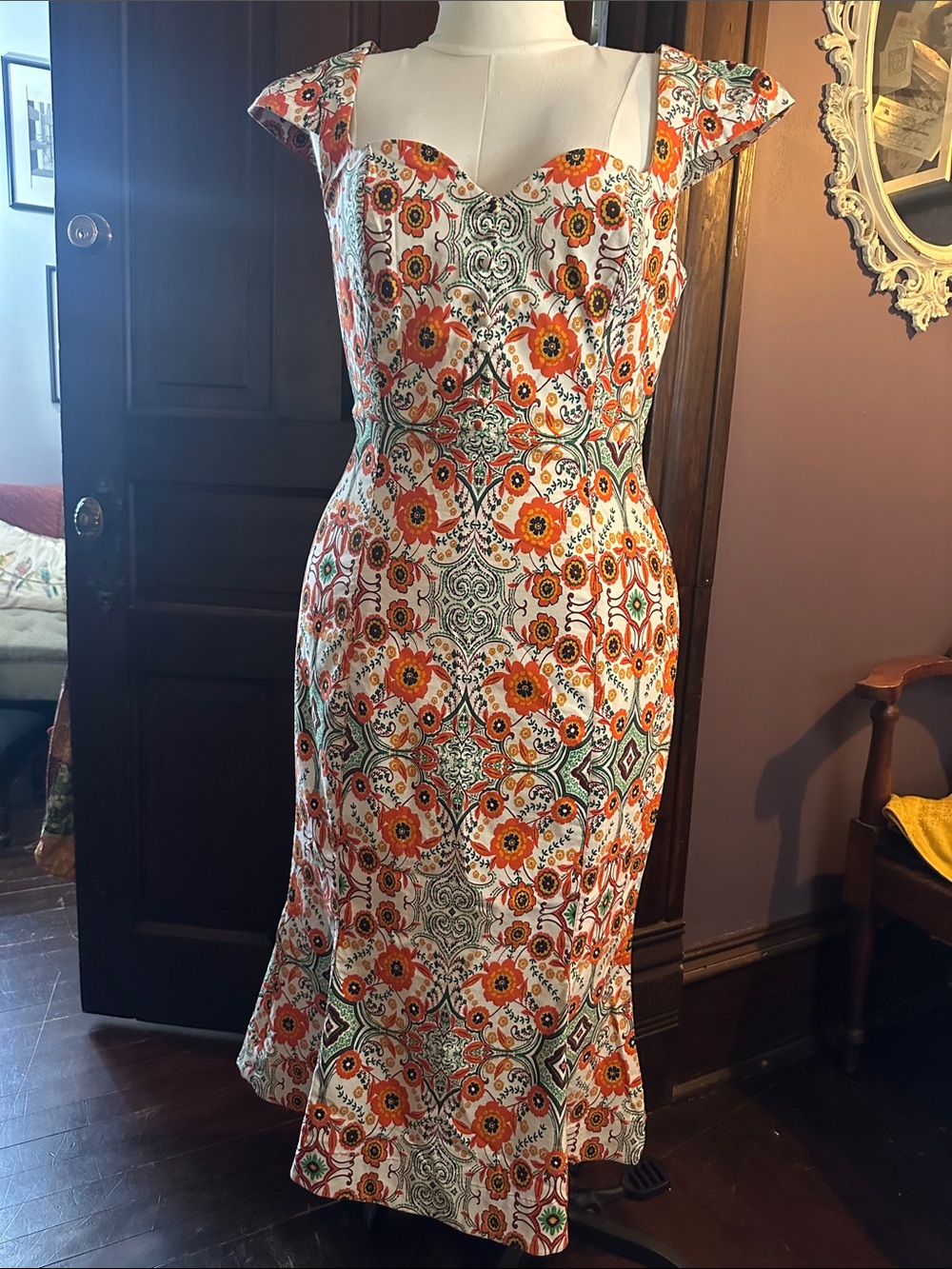 Anthropologie Orange and Cream Sweetheart Midi Wiggle Dress